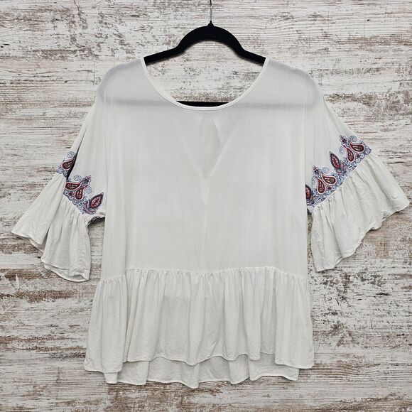 Ariat Embroidered Bell Sleeve Paisley Tunic Women's Top Sz M Red White Blue USA - Picture 1 of 8